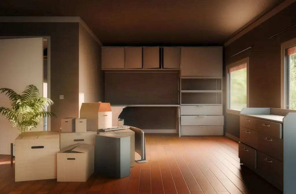 An empty domestic bedroom with moving boxes in the corner